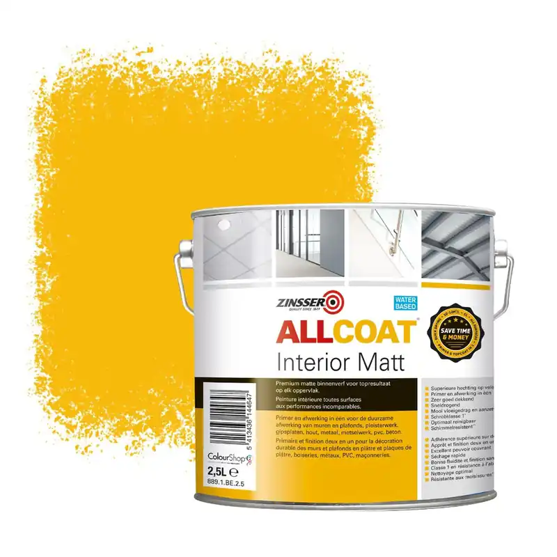 Gecertificeerd Zinsser Allcoat Interior Muurverf RAL 1003 Signaalgeel - 2,5 liter