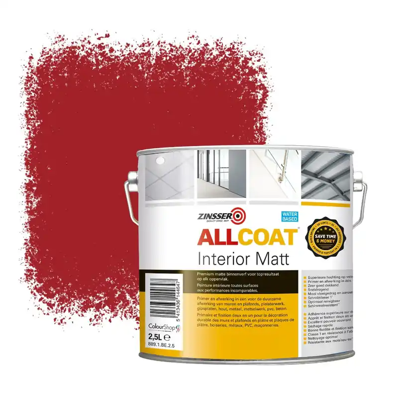 Zinsser Allcoat Interior Muurverf RAL 3001 Signaalrood - 2,5 liter Beperkt Aanbod
