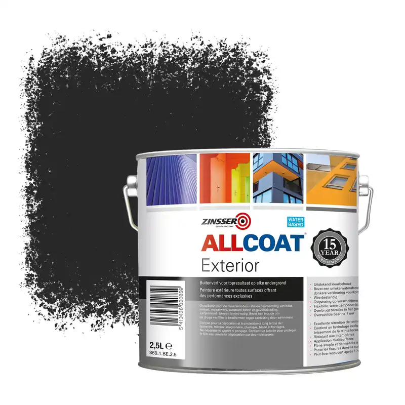 Zinsser Allcoat Exterior Muurverf RAL 9004 Signaalzwart - 2,5 liter Bestel Nu