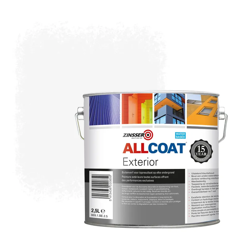 Zinsser Allcoat Exterior Muurverf RAL 9016 Verkeerswit - 2,5 liter Bestel Nu