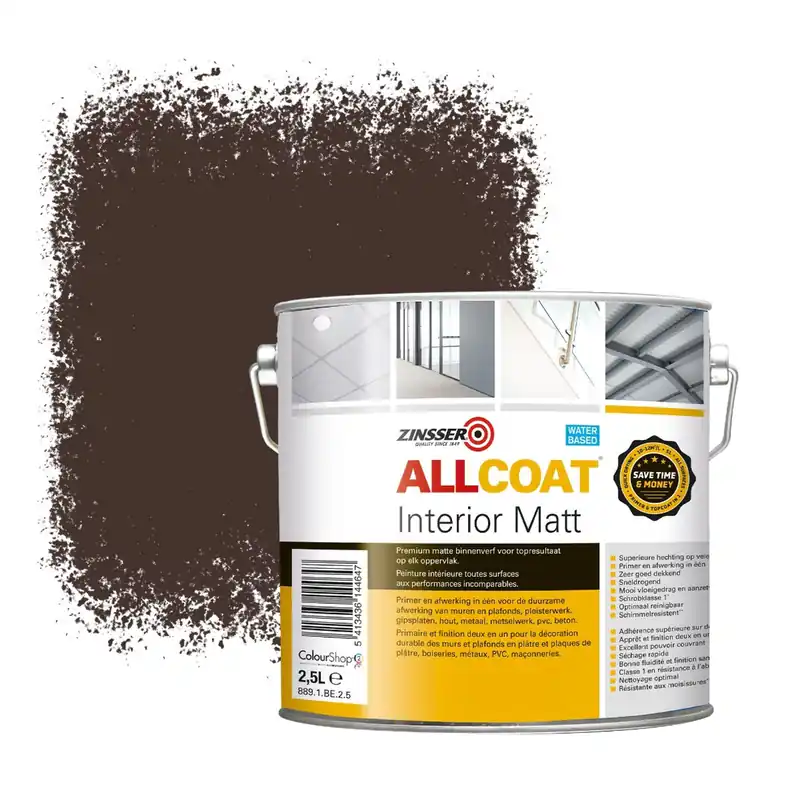 Gecertificeerd Zinsser Allcoat Interior Muurverf RAL 8017 Chocoladebruin - 2,5 liter