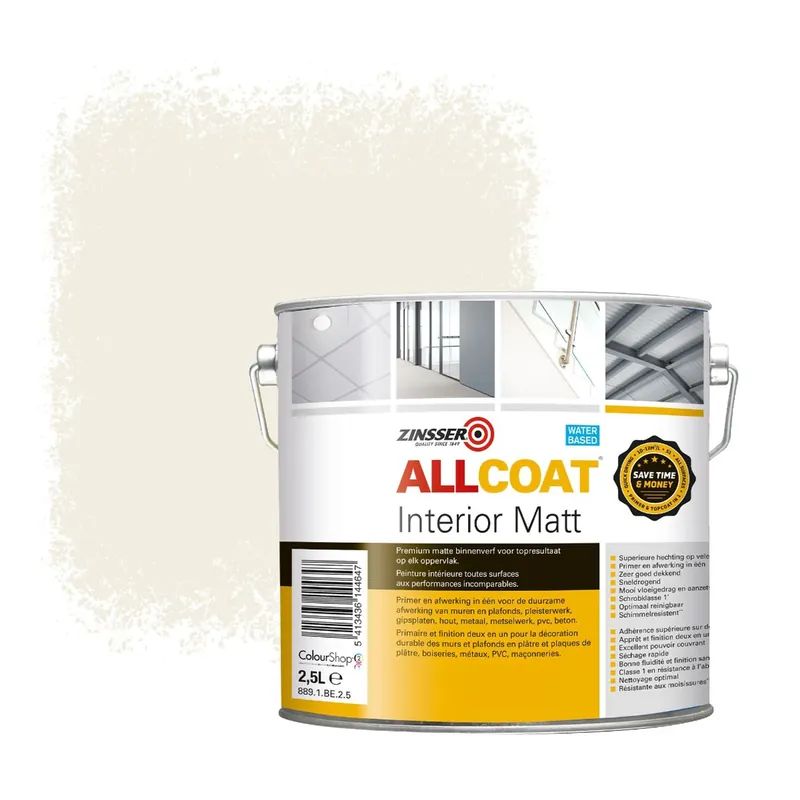 Finale Uitverkoop Zinsser Allcoat Interior Muurverf RAL 9010 Zuiverwit - 2,5 liter